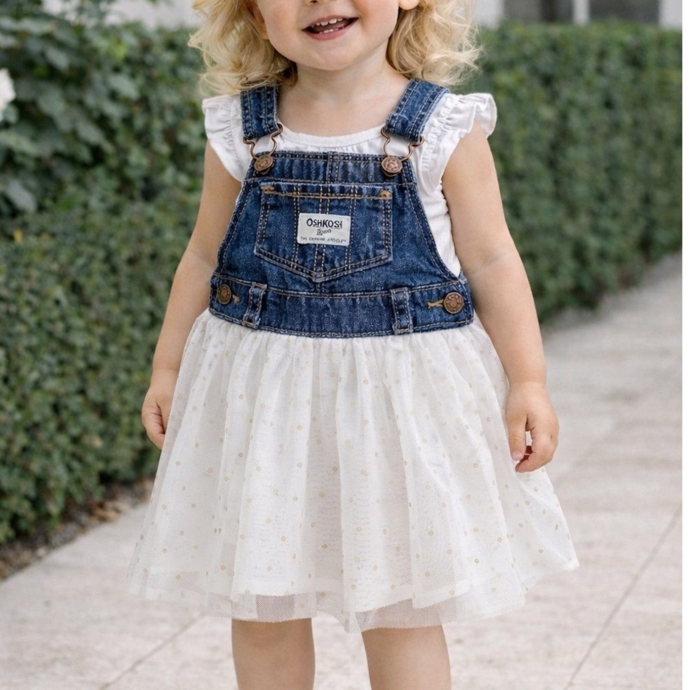 OshKosh Bgosh Baby Girls 24M Denim Tulle Overall‎ Dress Jumper White Gold